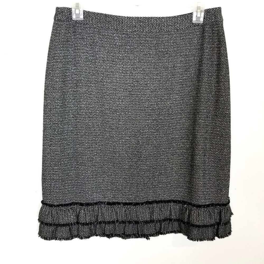 Talbots Women Metallic Tweed Skirt Sz 12 Double Ruffle Fringed Hem Career Gray